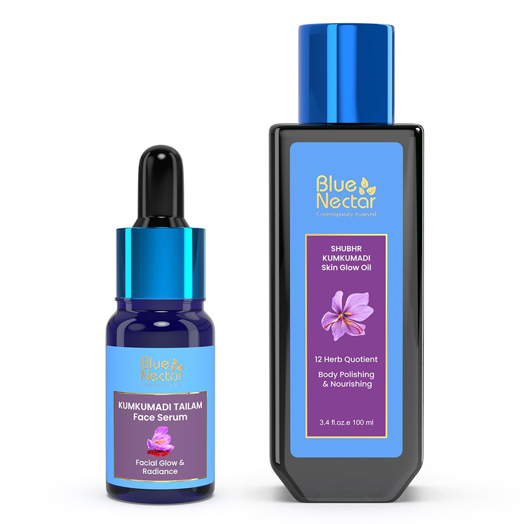 Blue Nectar's Kumkumadi Face Oil, infused with natural herbs for glowing skin (10ml), & Kumkumadi Moisturizing Body Oil, for dry skin - 100ml