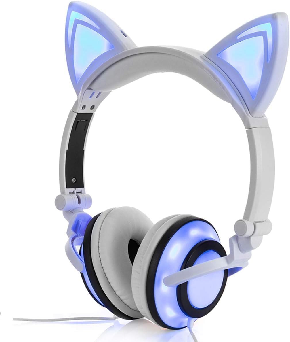 NALACAL Stereo Headphones, Cat Headphones Foldable Size Adjustable Earphones with Flashing LED Lights for Kids Teens Adults, Compatible for iPad Tablet PC Computer Mobile Phone MP3 (White)