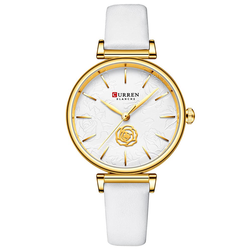CURREN Women's Analog Watch, Rose Detail in Carture and Texture on Background, Extendable Leatherette Adjustable Buckle Clasp Classic Female Design, White, s,