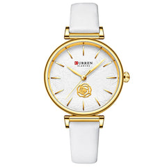 CURREN Women's Analog Watch, Rose Detail in Carture and Texture on Background, Extendable Leatherette Adjustable Buckle Clasp Classic Female Design, White, s,