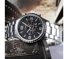 CURREN Men's Chrono Watch Black Stainless Steel Case Black Dial 3 Subdial Date Window Black Stainless Steel Case - Silver