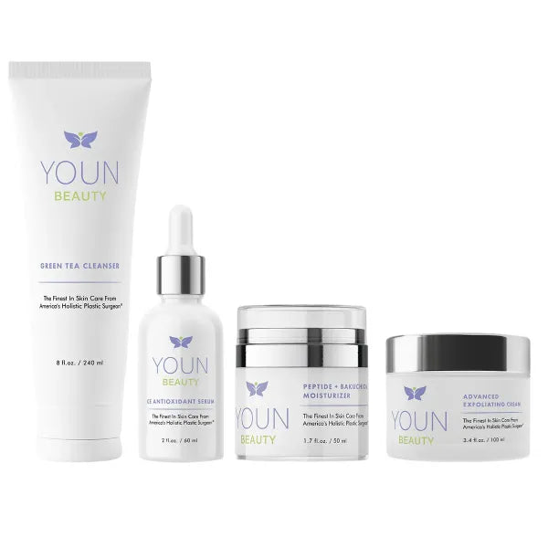 YOUN Beauty 5 Years Younger Skin Care System for Sensitive Skin Skincare Set, Vitamin C Serum, Peptide & Bakuchiol Moisturizer, Green Tea Cleanser & Wash-Off Exfoliating Cream