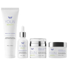 YOUN Beauty 5 Years Younger Skin Care System for Sensitive Skin Skincare Set, Vitamin C Serum, Peptide & Bakuchiol Moisturizer, Green Tea Cleanser & Wash-Off Exfoliating Cream