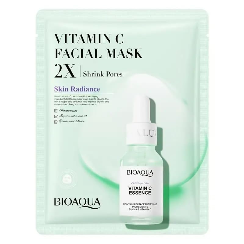 BIOAQUA Vitamin C Face Mask Sheet – Brightening & Hydrating Skincare Treatment – Moisturizing Facial Mask for Radiant, Glowing Skin (1 Pack)