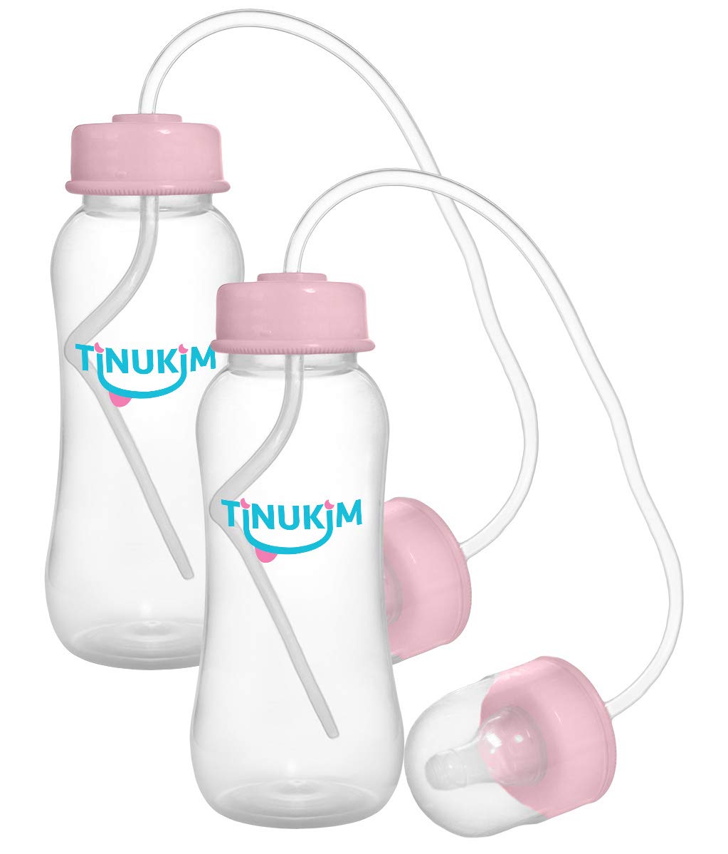 Tenokhem iFeed 9 Ounce Self Feeding Baby Bottle with Tube Handless Anti Colic Nursing System, Pink  2-Pack