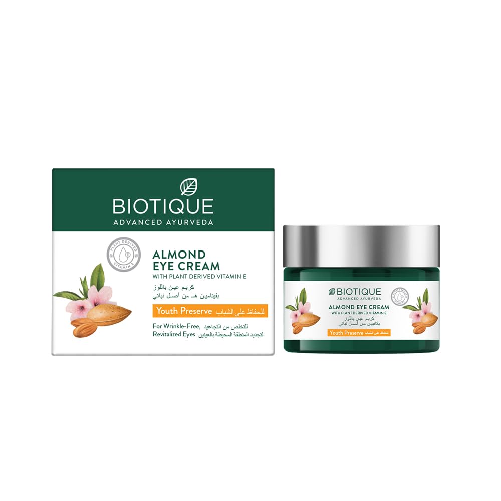 Biotique ALMOND EYE CREAM WITH PLANT DERIVED VITAMIN E Youth Preserve For Wrinkle-Free, Revitalized Eyes-15ml