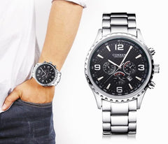 CURREN Men's Chrono Watch Black Stainless Steel Case Black Dial 3 Subdial Date Window Black Stainless Steel Case - Silver