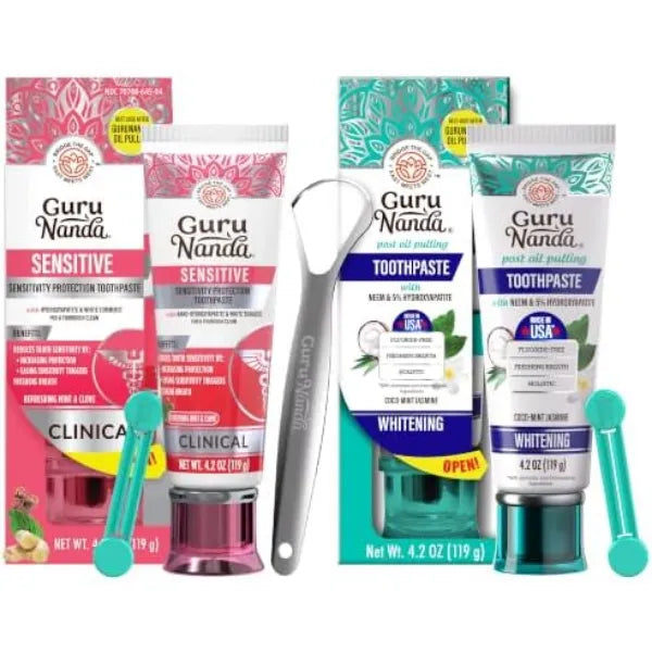 GuruNanda Dual Action Toothpaste Bundle – Sensitive Relief Formula & Natural Whitening Hydroxyapatite Toothpaste for Stronger Enamel & Fresher Breath