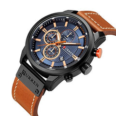 Curren Quartz Analog Watch Leather Band Waterproof Wristwatch with Date Display, 8291 - Black, Blue