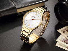 CURREN Mens Analog Watch Gold Stainless Steel Case Silver Dial Gold Stainless Steel Bracelet