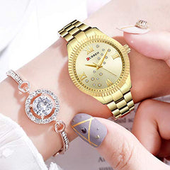 CURREN Women's Watch, Ladies, Shiny Analogue Bracelet, Case with Zirconia, Elegant, Casual with Metal Extendable, Butterfly Brooch, Golden, M, casual