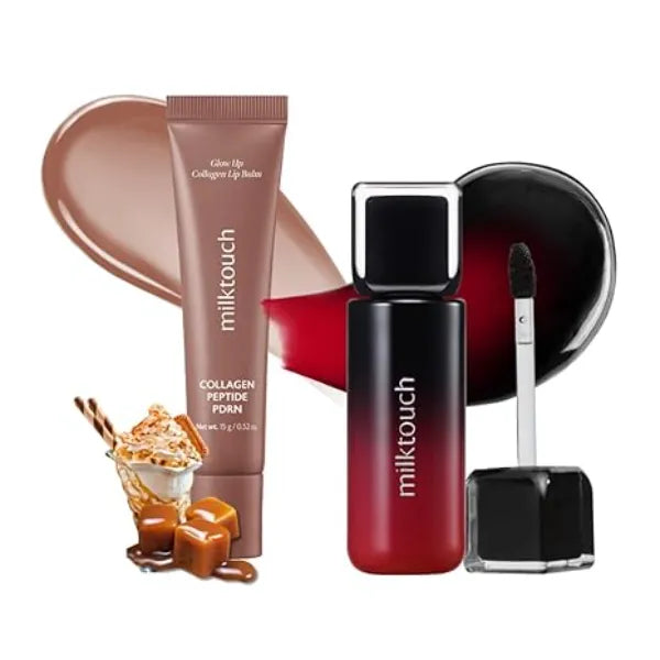 MILKTOUCH Summer proof Lip Combo Black Peel Off Lip Tattoo Black Apple + Collagen Lip Balm Caramel Fondue
