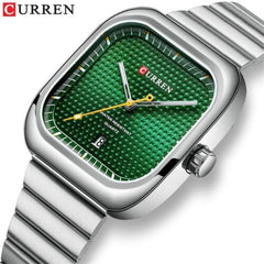 Curren 8460 Casual Steel Strap Square Men Quartz Watch Japan Movement - Silver Green