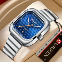 Curren 8460 Casual Steel Strap Square Men Quartz Watch Japan Movement - Silver Blue