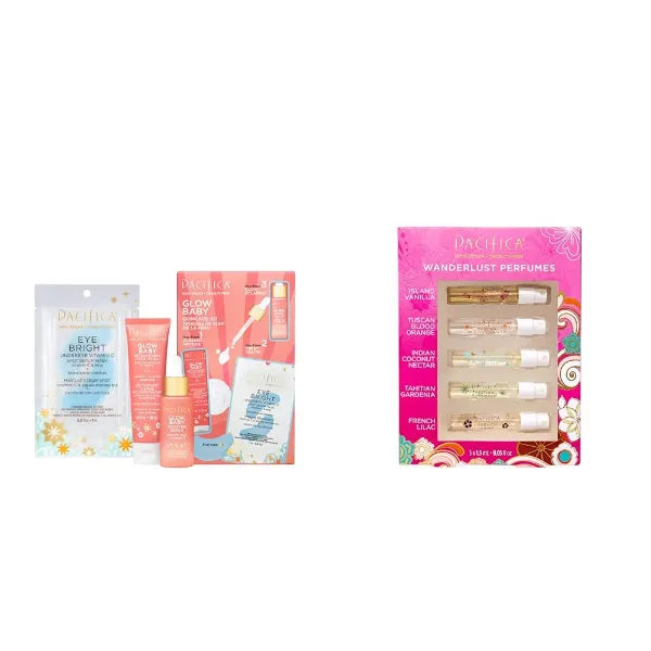 Pacifica Beauty | Glow Baby Vitamin C Trial + Value Kit | 3-Piece Skin Care Gift Set & Beauty, Wanderlust Spray Perfume Trial Set, Island Vanilla, 5 Scents, Fragrance Sampler