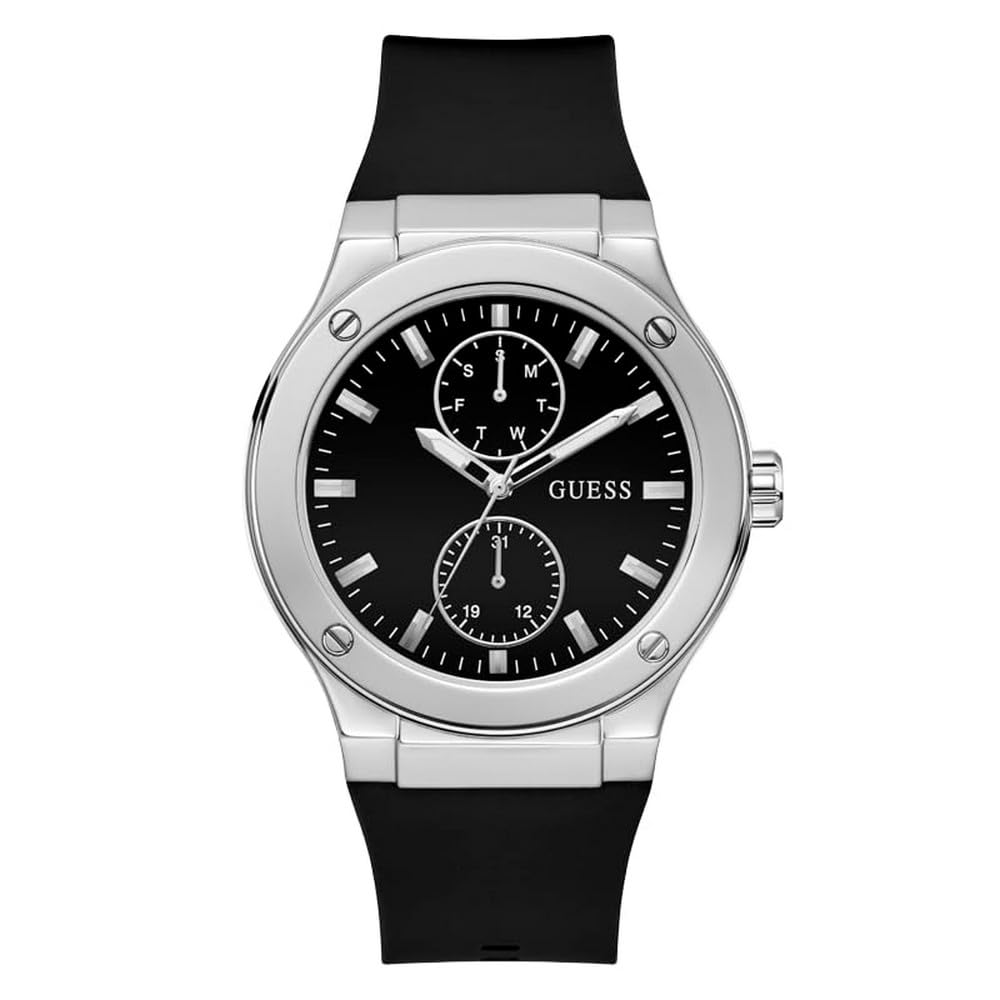 GUESS Men's 45mm Watch - Black Strap Black Dial Silver Case