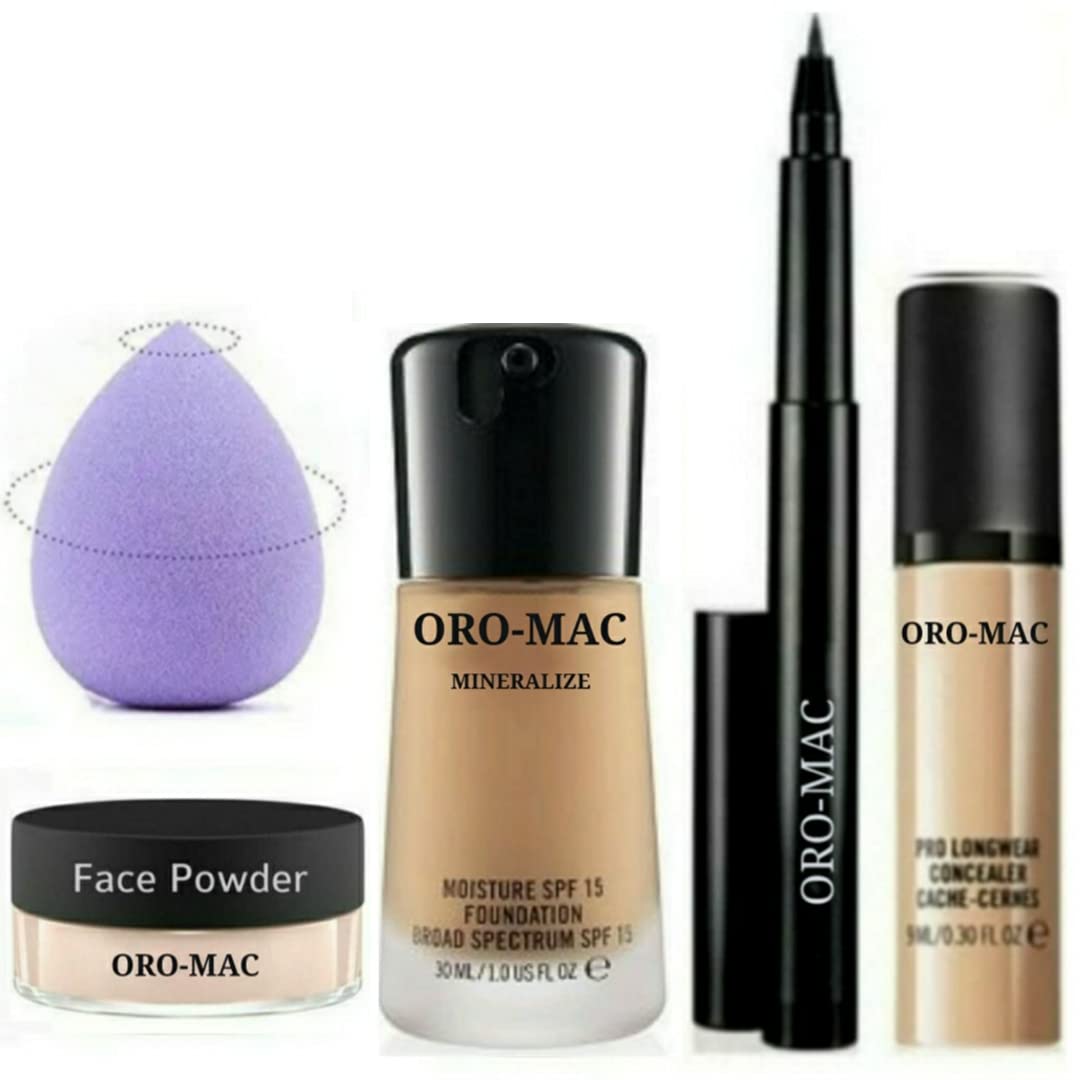 ORO-MAC Beauty Combo - Mineralize Foundation SPF 15, Sketch Eyeliner, Concealer, Beauty Blender, Loose Face Powder (Set of 5)