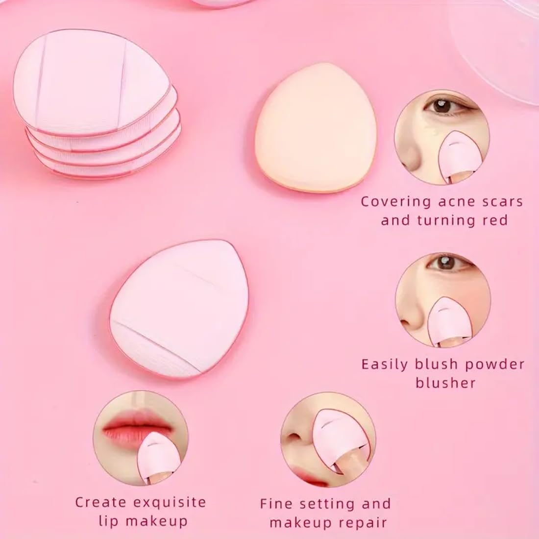 Pack Of 5 Mini Finger Powder Puff Applicator Makeup Sponge Set, Reusable Soft Plush Cosmetic Foundation Tools Face Make Up Wet Dry Use for Concealer, Suitable Beauty Blender (Pink)