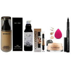 HUDA BB Beauty Combo Kit Waterproof Matchmaster Foundation,With primer, Longwear Concealer,Waterproof Sketch Eyeliner,Loose Face Powder And Makeup Blender (Set of-6)