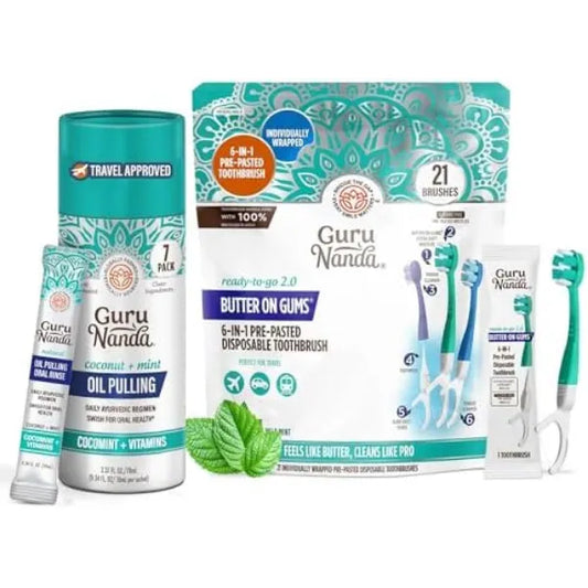 GuruNanda Complete Travel Smile Kit – 6-in-1 Disposable Toothbrushes (21ct) & 7 Coconut Oil Pulling Sachets (7ct) for Clean Teeth & Fresh Breath On-the-Go