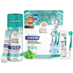 GuruNanda Complete Travel Smile Kit – 6-in-1 Disposable Toothbrushes (21ct) & 7 Coconut Oil Pulling Sachets (7ct) for Clean Teeth & Fresh Breath On-the-Go