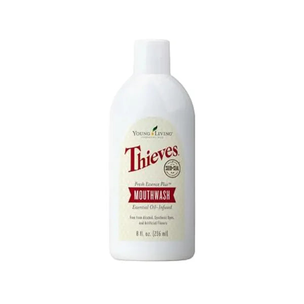 Young Living Thieves Fresh Essence Plus Mouthwash 8 fl oz Alcohol Free and Fluoride Free Enhanced with Essential Oils Peppermint, Rosemary, Lemon, & Cinnamon Oils