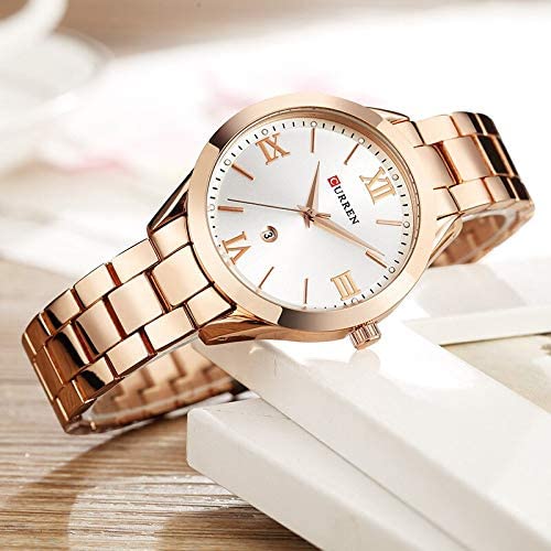 CURREN Ladies Analog Watch Rose Gold Stainless Steel Case Silver Dial Rose Gold Stainless Steel Bracelet