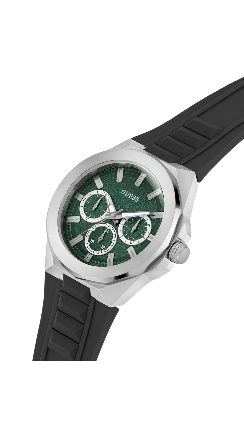 GUESS BR SLV CS W/BR SLV TR W/P SLV CHAMFER/SUN GREEN MF DL/BLK TEXTURED SILICONE STRP