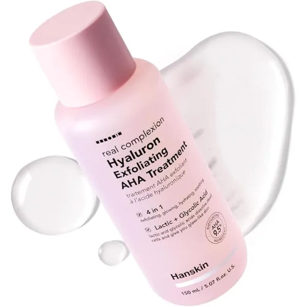 Hanskin Hyaluron Exfoliating AHA Treatment Korean Exfoliating Toner with Glycolic & Lactic Acid for Smooth, Hydrated, Glass Skin pH Balanced Daily Skin Booster for Dull, Dry Skin, 5.07 fl oz