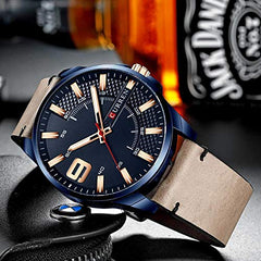CURREN 8371 Men's Quartz Watch Water-resistant Large Dial Simple Leather Strap - Skin Blue