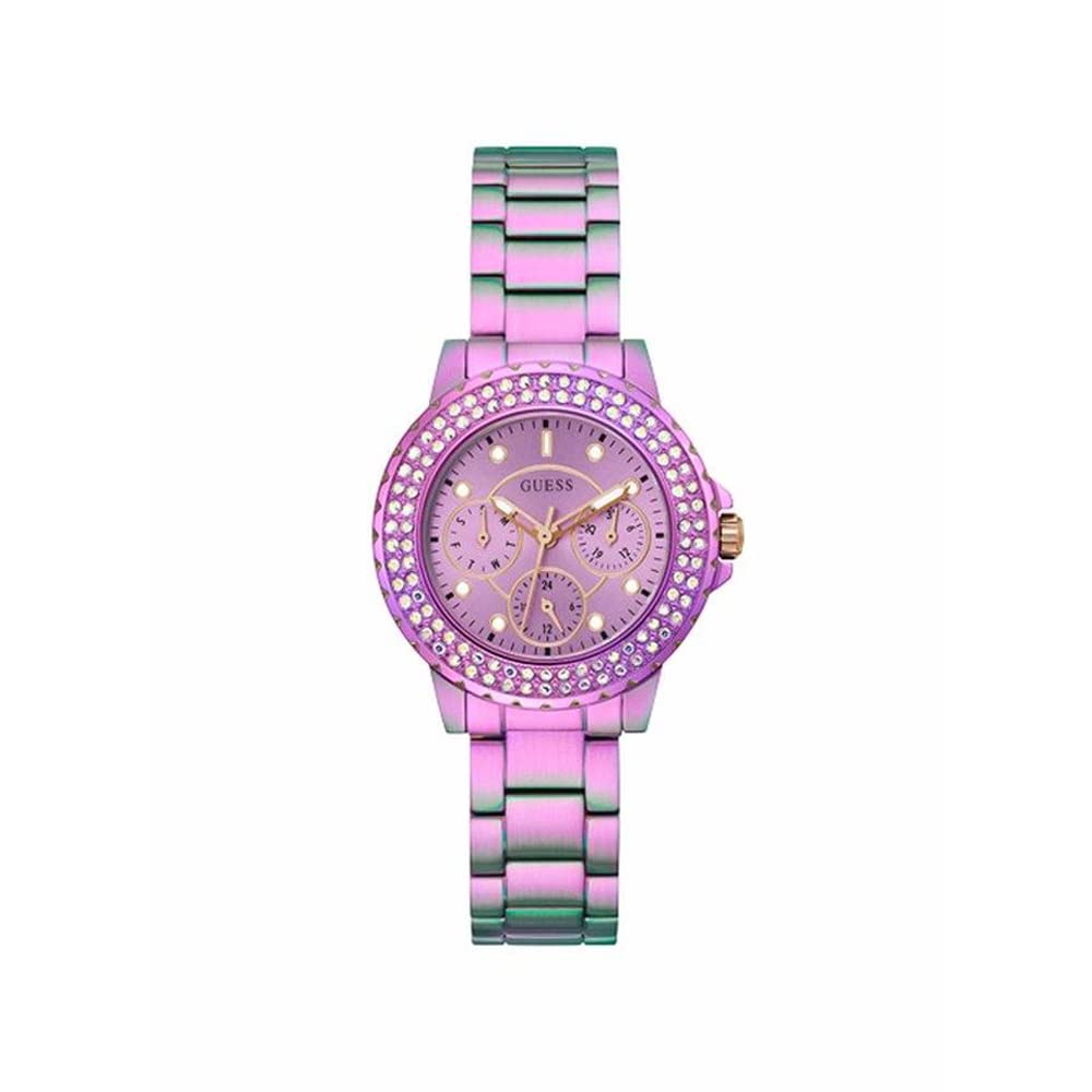 GUESS Ladies Sport Crystal Multifunction 36mm Watch – White Dial Rose Gold-Tone Stainless Steel Case with Blue Silicone Strap