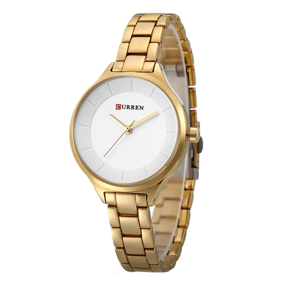 CURREN Elegant Design Women's Watch, Shiny Hands, Minimalist Dial with Adjustable Stainless Steel Band with Butterfly Clasp for Safety, Gold with White, M, Casual