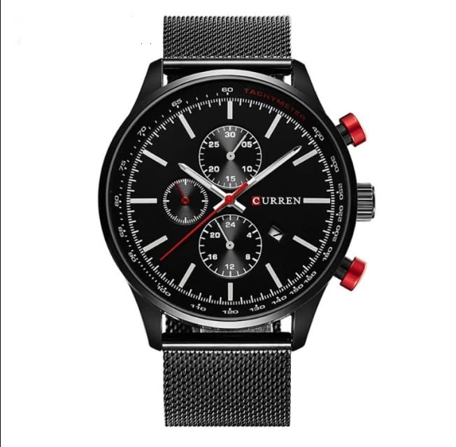 CURREN Men's Chrono Watch Black Stainless Steel Case Black Dial 3 Subdial Calendar Window Black Stainless Steel Bracelet
