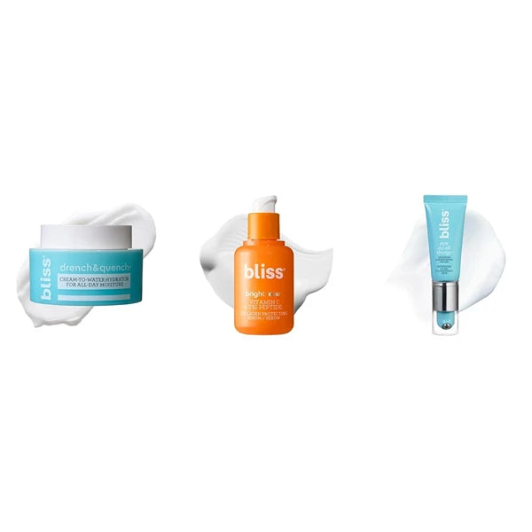 Bliss Drench & Quench Moisturizer, Bright Idea Vitamin C Serum, and Eye Do All Things Eye Gel - Deep Hydration, Daily Use Trio - Vegan and Cruelty-Free