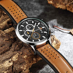 Curren 8290 Leather Round Analog-Chrono With Date Display Brown, Silver Watch for Men