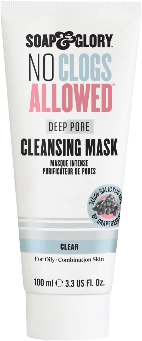 Soap & Glory No Clogs Allowed Deep Pore Cleansing Mask - Self Heating Pore Mask for Dirt & Impurities - Purifying Salicylic Acid, Grapeseed Oil Face Scrub Treatment Pore Cleanser Face Mask - 100ml