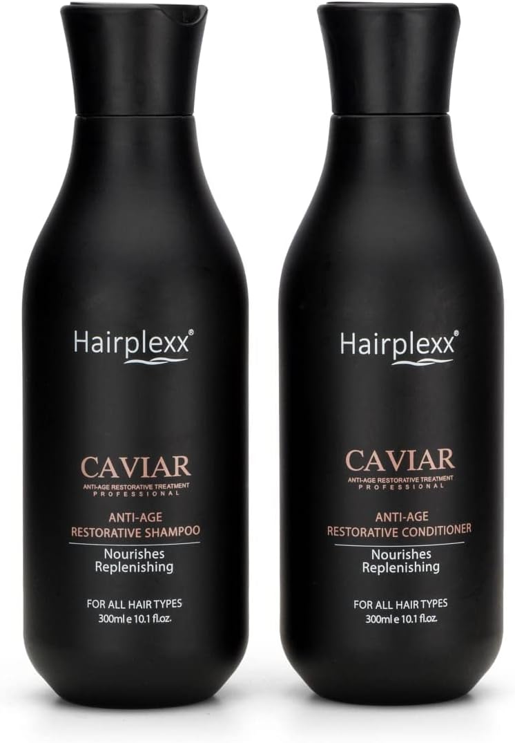 HAIRPLEXX CAVIAR ANTI-AGE RESTORATIVE TREATMENT PROFESSIONAL Shampoo & Conditioner Set l Hydrated Home Care Maintenance - Restore Hair Volume, Shine, Straight and Softness (300ml)