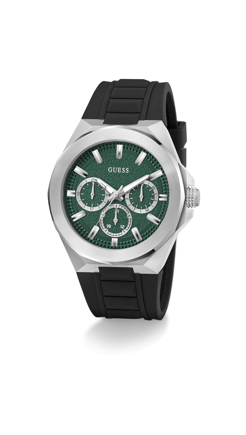 GUESS BR SLV CS W/BR SLV TR W/P SLV CHAMFER/SUN GREEN MF DL/BLK TEXTURED SILICONE STRP