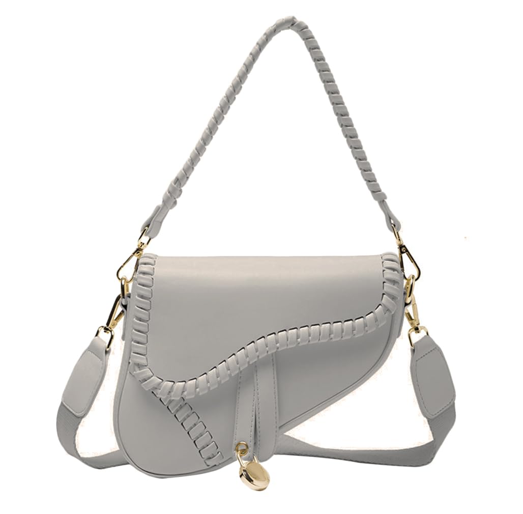 PURFANREE Women Trendy Saddle Shoulder Bag Clutch Purse Underarm Handbag Satchel HandBag Crossbody Bag - Grey