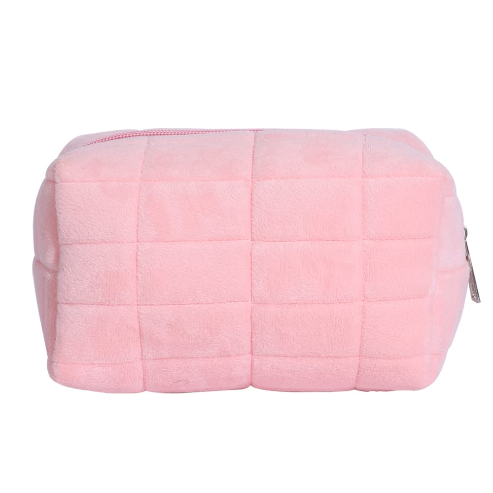 LYDZTION Plush makeup bag cosmetic bag for women,zipper large solid color travel toiletry bag travel make up toiletry bag washing pouch, pink