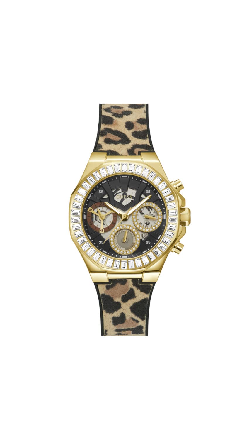 GUESS US Women's Gold-Tone and Animal Print Silicone Multifunction Watch