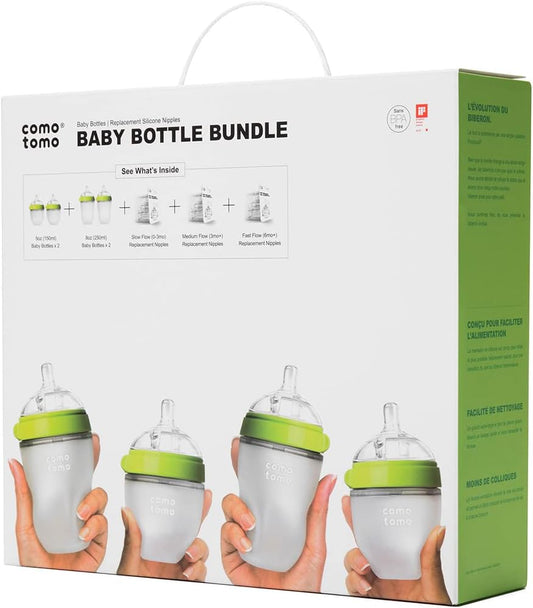 Comotomo Baby Bottle Bundle, Green, (7 Piece Set)