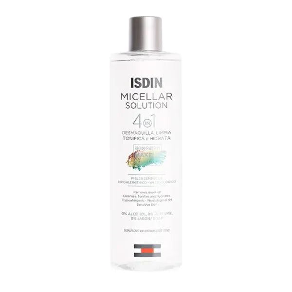 ISDIN Micellar 4 in 1 Facial Cleansing Water Solution Hydrating and Cleansing Toner and Makeup Remover for Sensitive Skin, 13.5 FL OZ