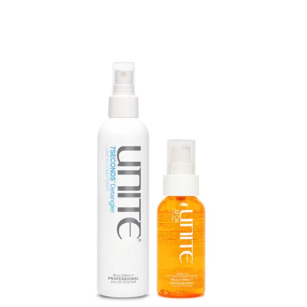 UNITE Hair – 7SECONDS Detangler & U Oil – Instantly Detangles, Hydrates & Adds Brilliant Shine – UV & Heat Protection, Frizz Control – 8 Fl Oz & 4 Fl Oz