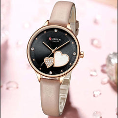 CURREN Women's Analogue Bracelet Watch, Dial with Hearts and Rhinestone Inlays, Extendable Faux Leather, Adjustable Buckle Clasp, Rosa, S, strip - Beige