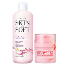 AVON Beyond Glow Facial Moisturizer with Collagen & Hyaluronic Acid + Skin So Soft Soft & Sensual Body Lotion with Argan Oil – Face & Body Hydration Set