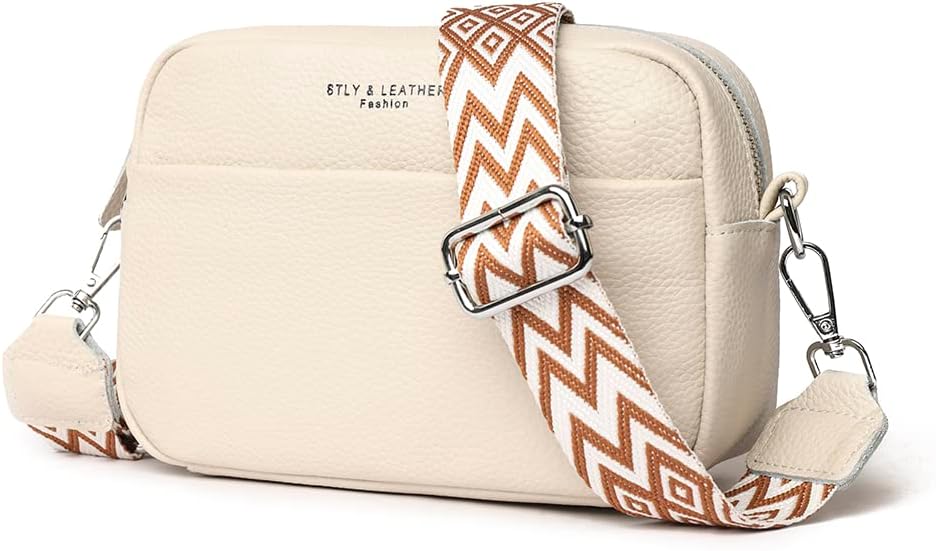 Efilra Small Crossbody Bag for Women, Genuine Leather Camera Bag Purse Crossbody, Women's Crossbody Handbag with Guitar Strap - Beige