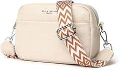 Efilra Small Crossbody Bag for Women, Genuine Leather Camera Bag Purse Crossbody, Women's Crossbody Handbag with Guitar Strap - Beige