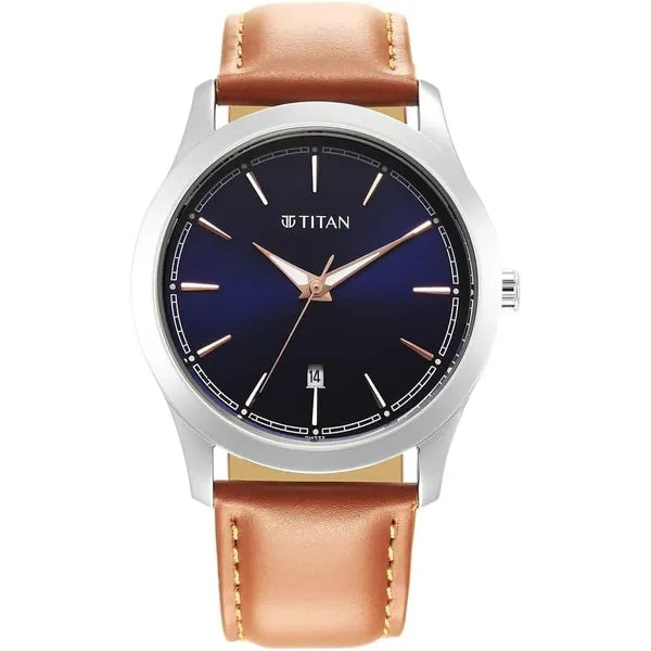 Titan Mens Blue Dial Leather Strap Watch