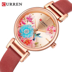 CURREN Ladies Analog Watch Rose Gold Stainless Steel Case Floral Design Dial Brown Leather Strap - Brown